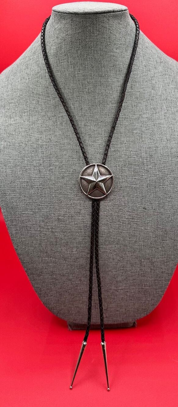 Max Lang Sterling Silver Raised Texas Star Western Bolo Tie Black Braid Leather